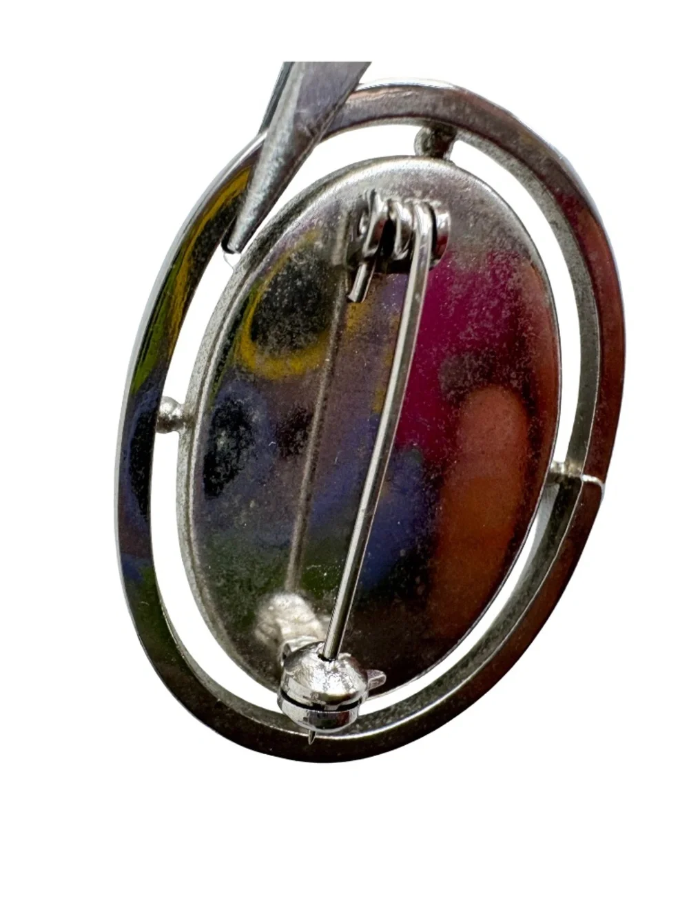 Vintage Japanese Cloisonne Brooch Purple Enamel Oval Silver Tone Costume Pin